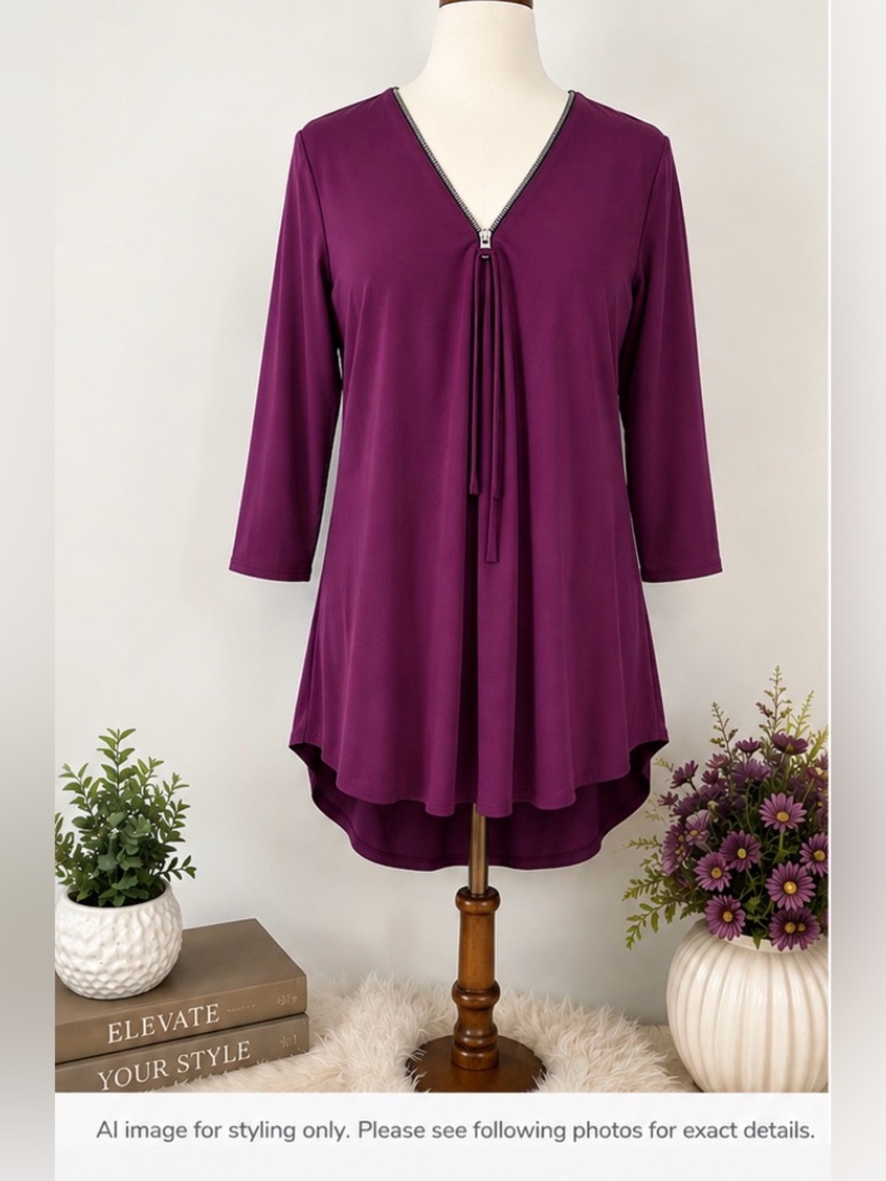 Joseph Ribkoff Magenta Purple Zip V-Neck Tunic Top Size 14 | Made in Canada